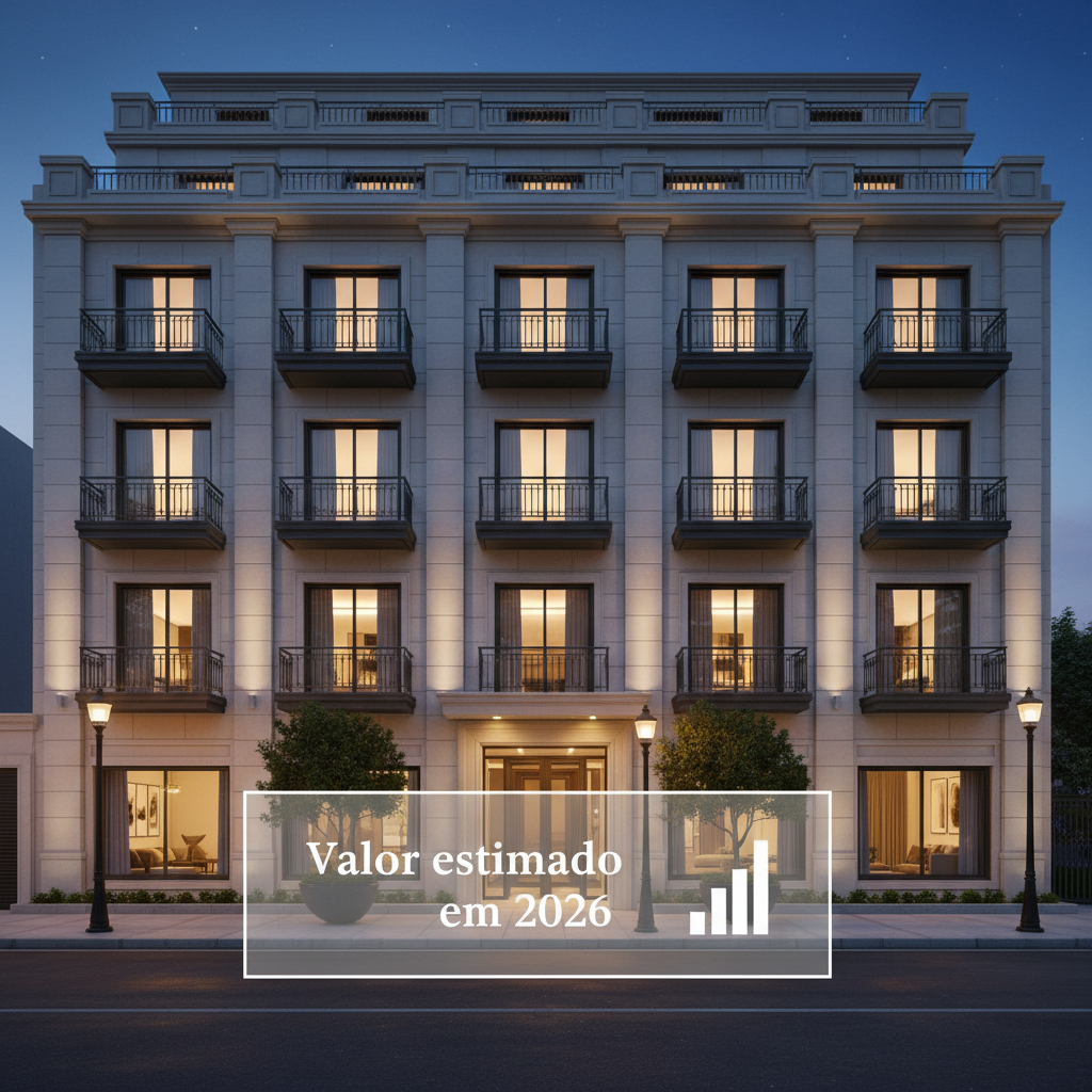 A stylish exterior façade of a high-end urban apartment building at dusk, with warm interior lights glowing softly through large windows, hinting at well-appointed homes inside. The building combines smooth light-stone cladding with dark metal balconies and clear glass railings, exuding contemporary sophistication. In the foreground, a subtle, semi-transparent graphic overlay appears as a refined rectangular panel floating near the building, displaying “Valor estimado em 2026” with an understated icon of a growing bar chart. Streetlights cast a gentle, warm illumination on the sidewalk and entrance, while the sky transitions into a deep blue evening gradient. Photographed from a slightly low angle, straight-on perspective, and sharp focus, the composition feels stable and confident, in realistic, cinematic style that suggests future-oriented property value growth.