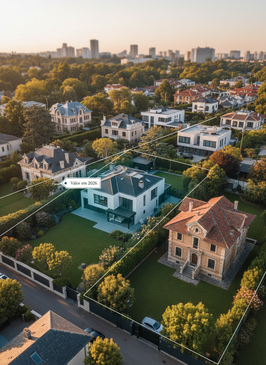 An elevated, aerial view of a refined residential neighborhood composed of contemporary villas and renovated historic homes, each with manicured gardens and terracotta or slate roofs. Subtle semi-transparent overlays mark property boundaries, with one home highlighted in a tasteful deep teal glow and a small elegant tag reading “Valor em 2026.” The setting is captured in late-afternoon golden hour, warm light casting long, gentle shadows from trees and buildings, giving depth and dimension. The distant skyline appears softly blurred, while the highlighted property remains in crisp focus. The composition follows the rule of thirds, emphasizing both the individual home and the surrounding market context. The photographic style is clean, modern, and data-driven, suggesting sophisticated real estate analysis without feeling technical or cluttered.