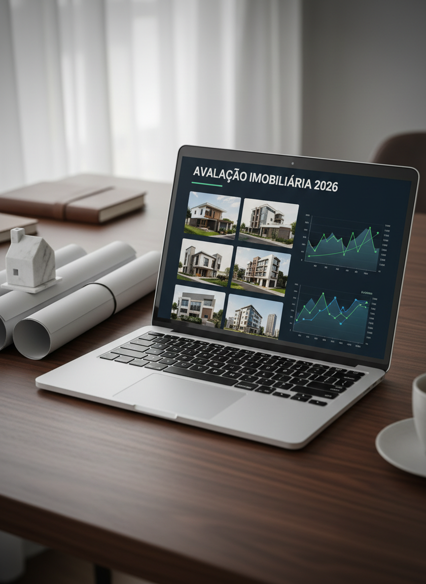 A meticulously detailed close-up of an elegant workspace dedicated to property valuation, featuring a slim aluminum laptop displaying a refined dashboard with property photos, price graphs, and a large heading “Avaliação Imobiliária 2026.” The laptop rests on a dark walnut desk with a subtle satin finish, accompanied by a neatly stacked set of architectural floor plans secured with a black metal clip and a small marble paperweight shaped like a house. Soft, diffused daylight from an unseen window bathes the scene, with a gentle vignette around the edges. Captured from a slightly elevated angle with shallow depth of field, the laptop screen and documents remain pin-sharp while the background fades into tasteful blur. The overall mood is analytical yet inviting, in polished photographic realism that conveys precision and professionalism.